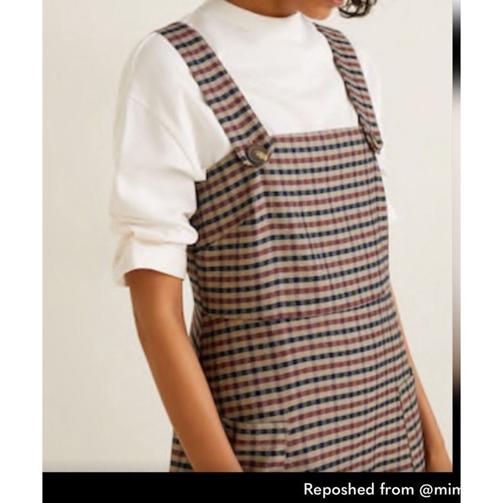 Mango Brown checkered button pinafore Mini dress size XS - Picture 3 of 6